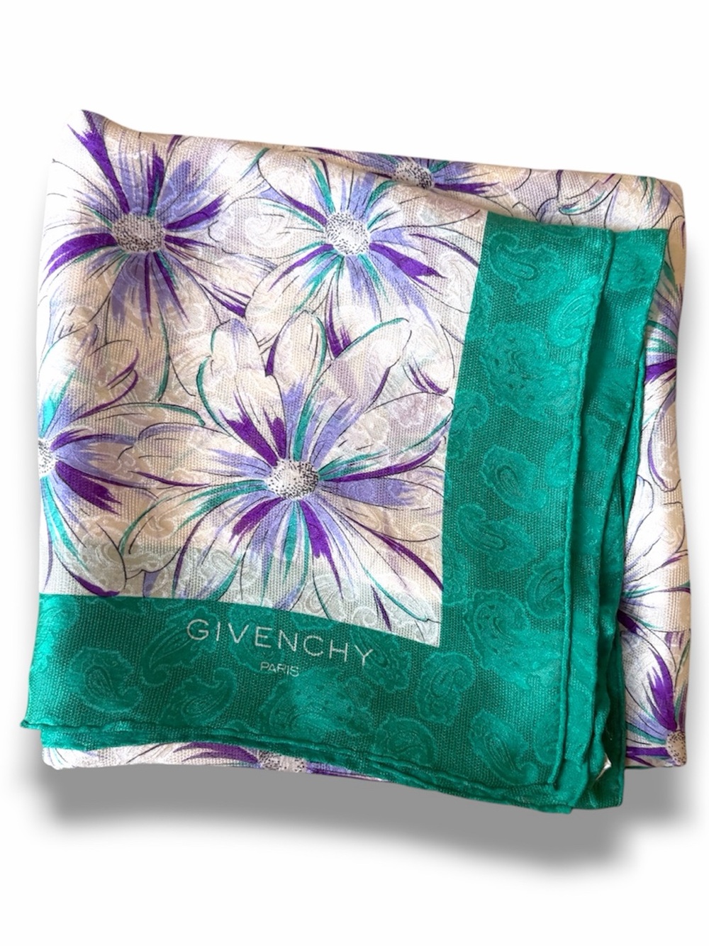 Givenchy floral daisy silk scarf 100% Silk Green White & Purple